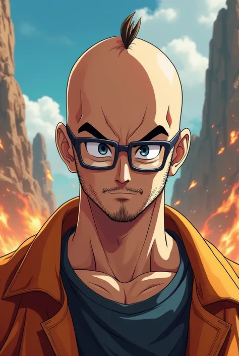 Create a bald man with a thin beard who wears square glasses in Drsgonball z stroke He has some hair and is younger 