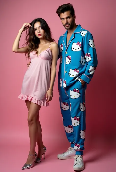 

Prompt: a realistic beautiful woman and a handsome man are posing standing in a hello kitty  house photo studio and the mans pose is pulling the womans hair with his hand and the man is wearing blue hello kitty pyjamas and the woman is wearing a pink hel...