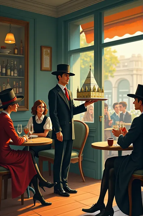 Une illustration de personnages dans un café 
Les personnages ont des chapeaux où figurent les monuments de Caen
Un seveur porte un plateau avec une pyramide de verre a pied 
Le style est à la Édouard Hooper 
