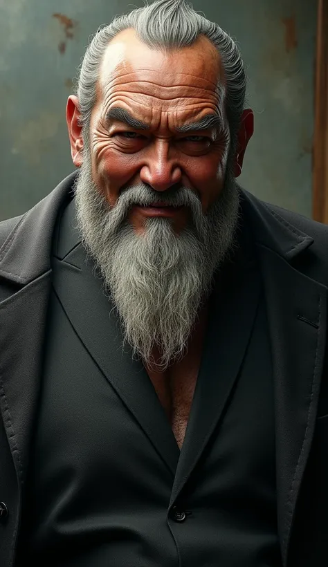 huge muscular old man wearing shirts, bearded, Yakuza boss, Smile, Masterpiece, High Resolution, Anatomically Correct, Award Winning, Best Quality, hyper realistic