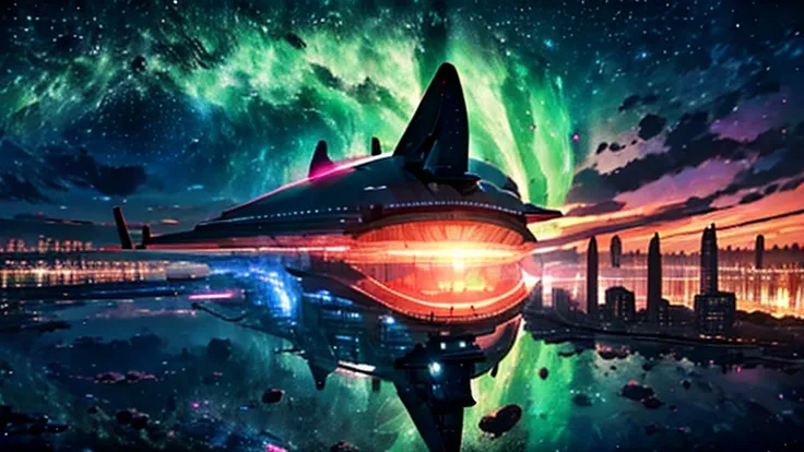 Super submarine-shaped spaceship hovering over a large lake, ultra detalhada, city in the distance, a nebula lighting up the sky, , black hole, sci-fi, bright coloured, 4K, deep space