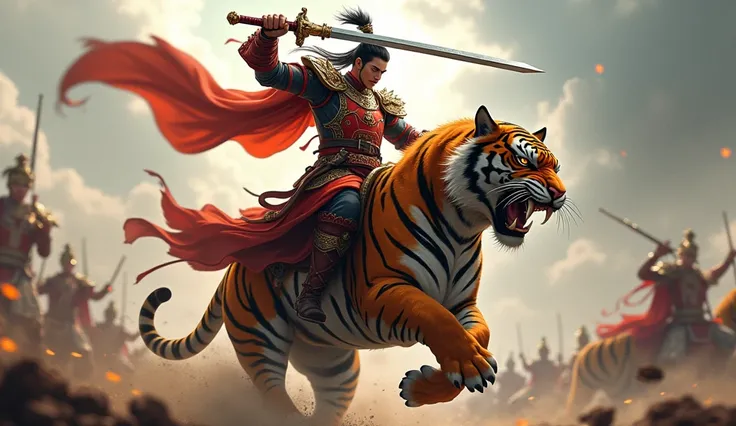 Sun Jian of the Three Kingdoms period held a sword and rode a tiger to kill the enemy. 