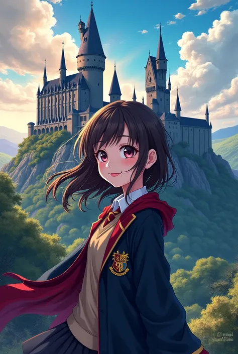 Harry Potter anime illustration and girl Hogwarts Castle