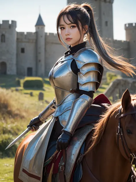 ((masterpiece)), ((best quality)), (ultra-detailed), ((kawaii)), cute, (lovely), ((extremely detailed)), 4K, (8K), best quality, (beautiful), illustration, a pretty woman, solo, female knight on horseback, armored, leaving castle for battle, sword raised, ...