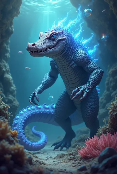 a mesmerizing magical hybrid creature that combines a crocodile and an octopus. This fantastical being has the powerful, scaled body of a crocodile, with its rugged, armor-like skin transitioning into flowing, iridescent tentacles that extend from its side...