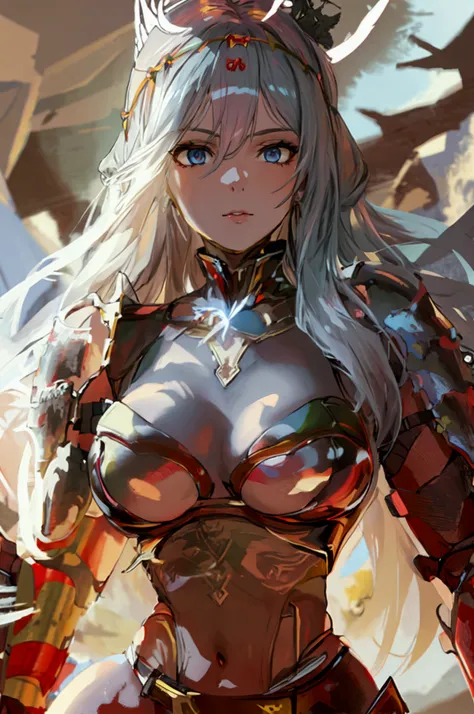 Highest quality,8k,masterpiece,Nike, Goddess of Victory, One Woman,Voluptuous body,Perfect Anatomy,Silver long hair,Beautiful Eyes,Large Breasts,glare,nsfw,M-shaped legs,scarletg, bodysuit, headpiece, shoulder armor, half-skirt, belt, asymmetrical legwear,...