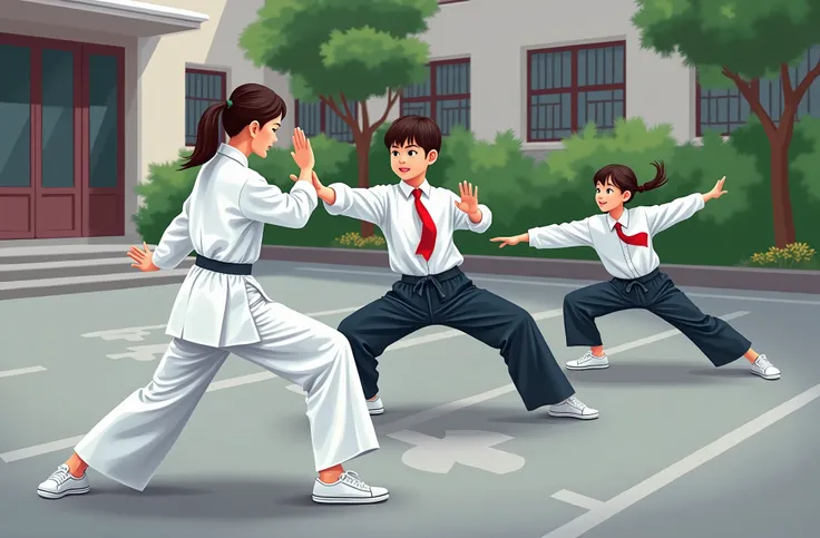 Illustration poster design，Hand-painted clean lines、Vector Graphics、Flat design style in colorful bright colors。Chinese primary school students practicing martial arts in the yard，Wears a white long-sleeved shirt，Wear a red tie，In the picture，Two boys are ...