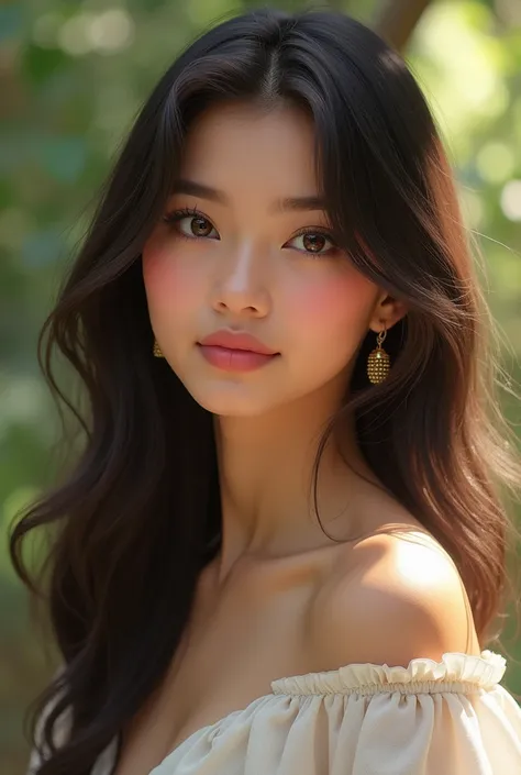 a Young Gorgeous Women about 16-1. She has an oval face with symmetrical features. Her almond-shaped eyes are medium-sized with a deep, captivating gaze, complemented by well-defined, slightly arched eyebrows. She has a straight, proportionate nose and hig...