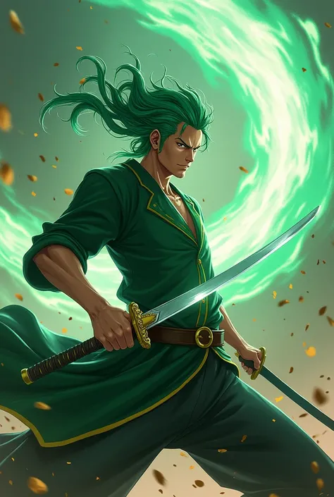 Handsome Teenager Roronoa Zoro Uses Dragon Slash Technique and Releases Dragon Aura Green Hair, Super Detailed, Speed Lines, Cinematic Lighting, 