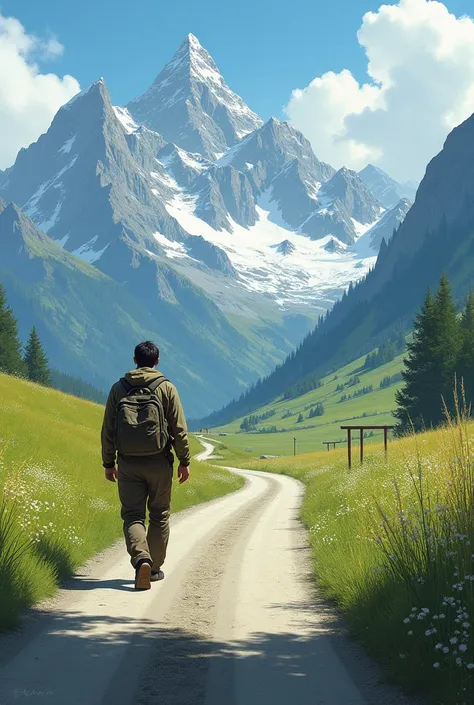 A men walk alone the road and side are mountain, grass
