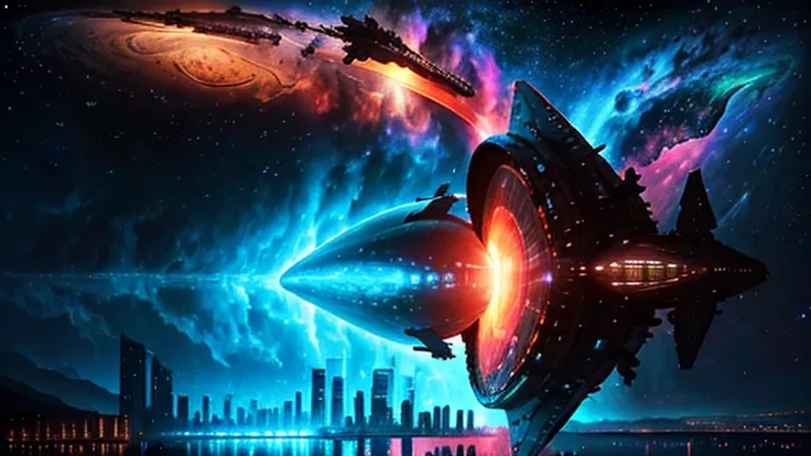 Super submarine-shaped spaceship hovering over a large lake, ultra detalhada, city in the distance, a nebula lighting up the sky, , black hole, sci-fi, bright coloured, 4K, deep space