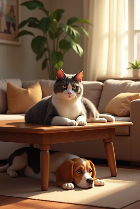 Living room, cat on a table and a dog under the table