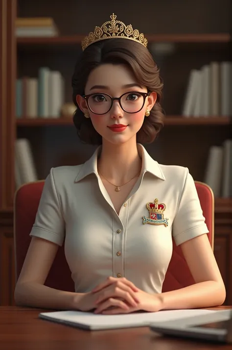 (POV). The beautiful (nations) royal-queen with (hairstyle), eyeglasses. Dressing in (colouring) royal-queen polo shirt. She is lean or sit in the desk of government office, luxury bag and laptop .