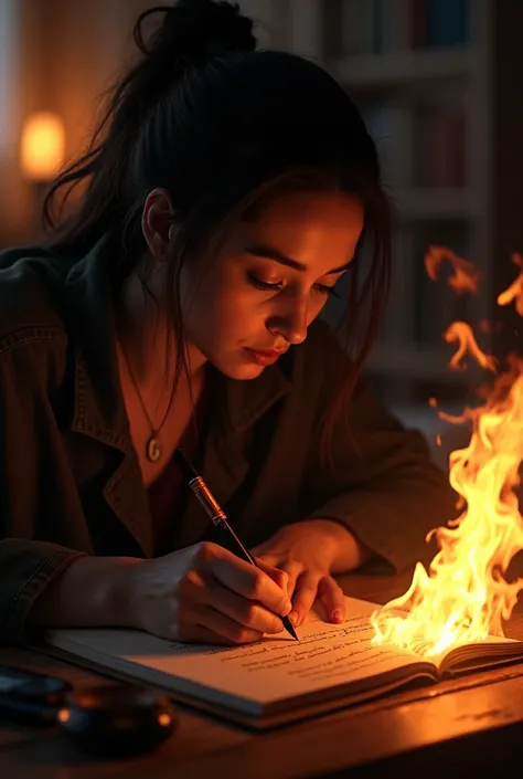 Generate an artists writing lyrics of his song on paper and the paper is burning 
