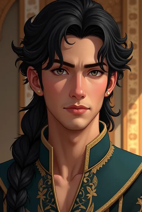 A Young Sultan with silver eyes. Thick black hair, pale skin, in his twenties, stunningly handsome 