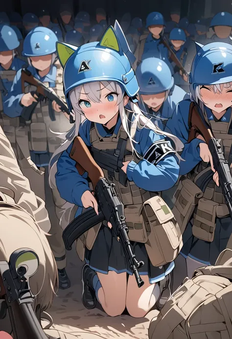 score up_9,score up_8,score up_7,source_アニメ,Masterpiece,Best quality,Super fine illustration,8k,Cat years,Girl,20yo,Cute,Blue Helmet,Army,(Holding_ak-47:1.45),Wearing a cat armband,The background is the battlefield、Atmosphere of tension。