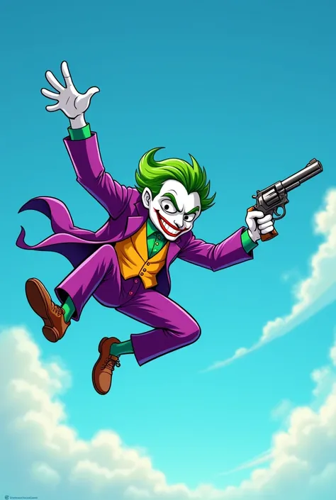 Joker cartoon skydiving with revolver