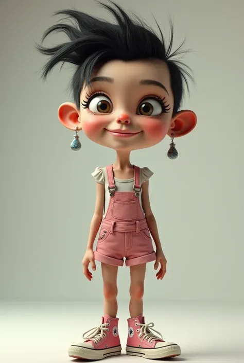 make ,a realistic full body shot,exagerrated ,3d caricature ,of skinny  beautifull punk woman , with punk hairstyle,looking at the viewer,with nice smile,wearing toddler outfit,This masterpiece captures the essence of the era, radiating nostalgia and vinta...