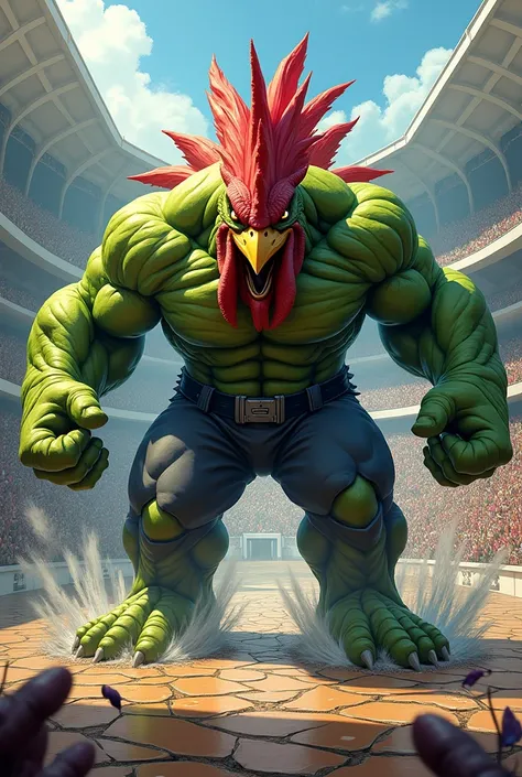 Create an illustration of HULK transforming into a rooster, with a threatening expression, in a vibrant stadium. The floor must be cracked, reflecting the intensity of the scene at the MRV arena 