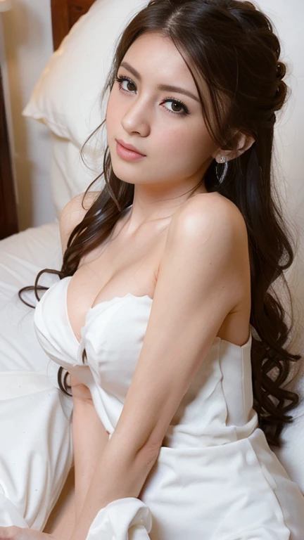 A beautiful woman in a sexy white wedding dress, long detailed hair, small round breasts, lying seductively on a bed, romantic soft lighting, highly detailed, photorealistic, cinematic lighting, warm color tones, masterpiece