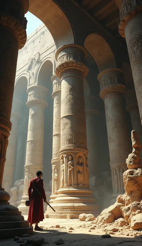 ancient architecture, an ancient sculptor and builder, intricately creates an ancient column supporting a vault in a mythical temple, realistic photo, photorealistic, 8k, hyper detailed, extremely detailed, ultra-detailed, masterpiece, award winning, stunn...