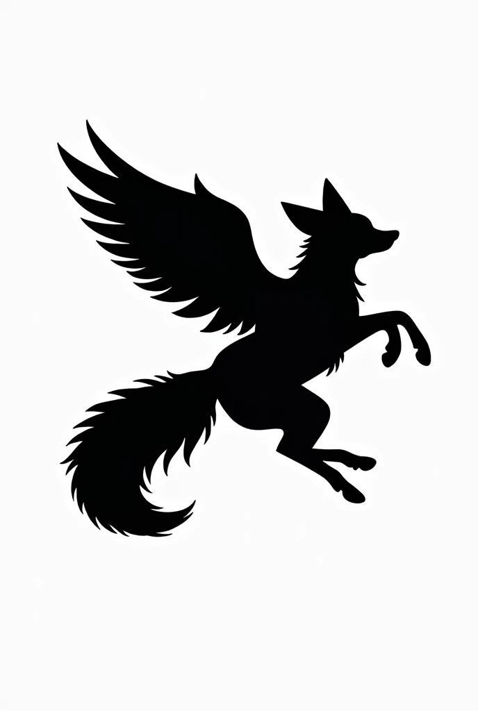 a silhouette of a fox jumping sideways with its tail up, and the body with a wingspan, as if in the middle of the jump 