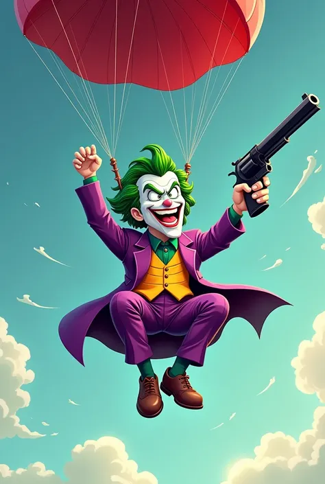 Joker cartoon jumping out of a parachute with a horror revolver