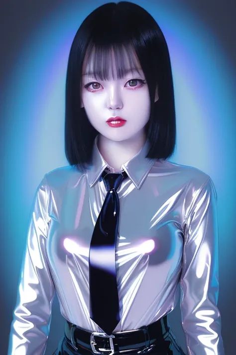 japanese girl in extremely tight shiny silver polished latex blouse button placket,necktie,Backlight, reflection light,Sparkle effect,Helldark, chromatic aberration abuse, 