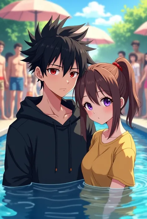 Anime boy ((( Spiky hair , black hair , black hoodie , red eyes , narrowed eye , handsome ))) , anime girl ((( purple eyes , brown hair , tied single bun hair style , yellow t shirt , blank t shirt ))) , matured , pool party , good quality 