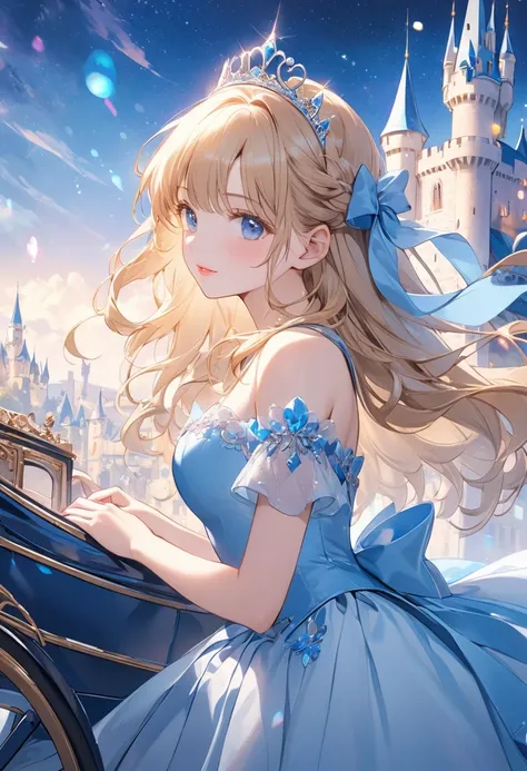 (Blue Theme Art),(Highest quality),(masterpiece),(1. Cinderella),(alone),Delicately painted face,Girl with a beautiful face,Beautifully detailed clear light blue eyes,(Light blue fashion with beautiful details),mosquitoボチャの馬車,Cinderella城の前に立つ,Beautiful Ski...