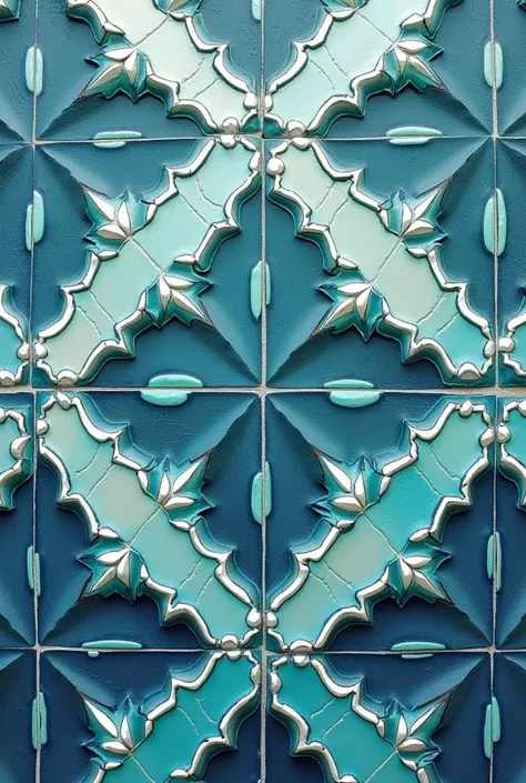 Design a stunning piece of printable wall art inspired by the intricate beauty of zellige tiles. The artwork should feature geometric patterns with a sea-inspired color palette, incorporating shades of deep blues, aquamarine, and turquoise. The design shou...