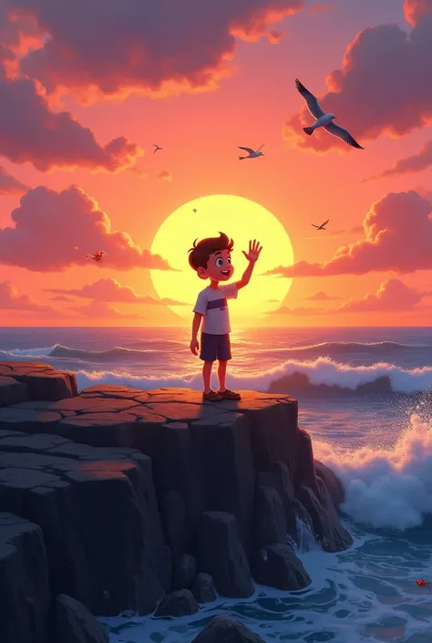 Ollie waving goodbye on a rocky ocean outcrop
- A sunset in the background, with vibrant colors reflecting on the water
- Seagulls flying overhead, with a few fish swimming in the foreground