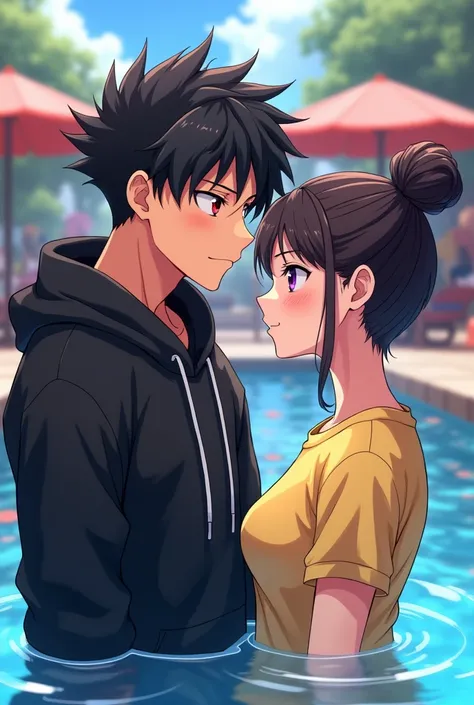 Anime boy ((( Spiky hair , black hair , black hoodie , red eyes , narrowed eye , handsome ))) , anime girl ((( purple eyes , brown hair , tied single bun hair style , yellow t shirt , blank t shirt ))) , matured , pool party , good quality , having fun