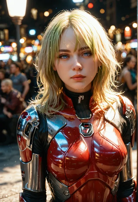 Billie Eilish as Iron Man, bustling street, (inspired by Mass Effect), Iron Man suit, safety rating, breast enlargement, fat buttocks, leather pants wrapped around hips (8k, foto raw, photorrealistic: 1, 25), (lots of lip gloss, lots of eyelashes, best qua...