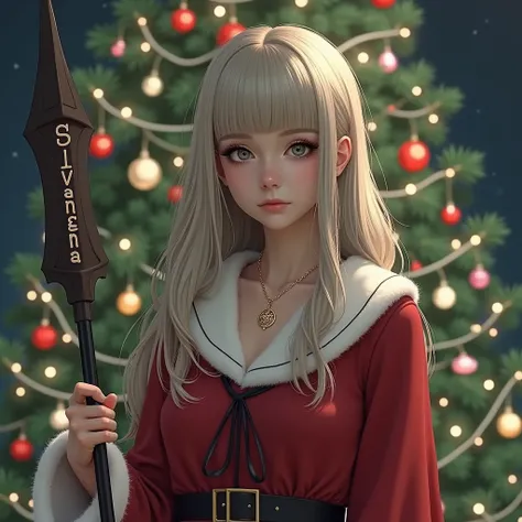  woman with long hair and bangs the color of hair is ash blonde. the skin color is similar to the skin color of the vampire wearing a necklace with the name "silvanna" written on it and wearing a santa claus school girl suit and a chrismast light and chris...