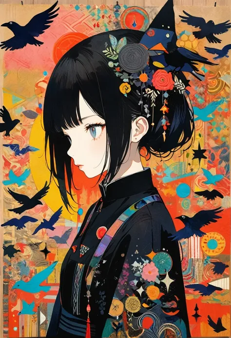 (masterpiece, best quality),
woodblock print collage depicting,teen girl,side view,she is surrounded by black-cat and crow symbols,detailed face,black-uniform,witch,,colorful, collage art, contemporary artistic collage,