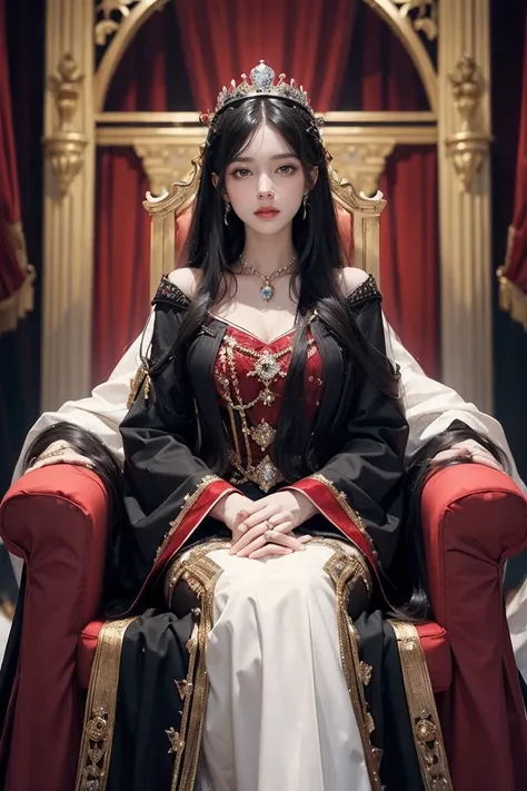 1woman, solo, beautiful, queen, long hair, black hair, bejeweled crown, red and white gown, long sleeves, jewelry, aristocracy, dignified, regal pose