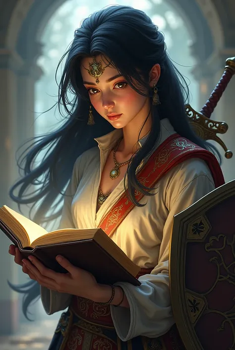 A woman with long black hair and a baby face，Wearing a forehead rest，Equipped with a sword and shield，Brave，Reading an old book，The middle of a journey，Dragon Quest Wind