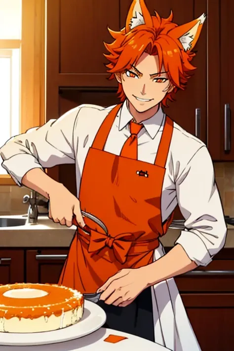 Perfect face. Perfect hands. An orange haired man with orange eyes with orange fox ears and an orange fox tail in a butlers outfit is smiling while baking a cake in a fancy kitchen