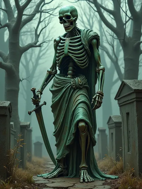 an statue of a skeleton wearing a toga, holding a shortsword, made of copper that is green and weathered, dark fantasy, gloomy, cemetery background, in the style of frank frazetta