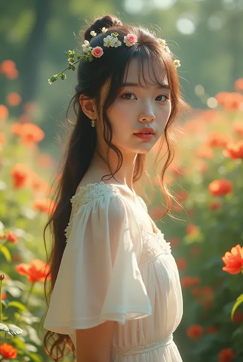 a cute girl with a face similar to Karina Aespa, standing in a vibrant flower garden, wearing a flowing white dress, soft lighting, serene atmosphere, 4k resolution