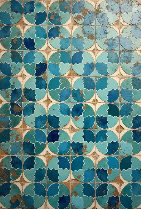 Design a printable wall art piece that captures the essence of handcrafted zellige tilework, blending intricate geometric patterns with the natural beauty of the sea. The artwork should have a distinctively handmade feel, with slight imperfections and text...