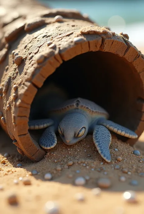 a turtle baby hatching alongside 100 other eggs inside a hollow log in a beach