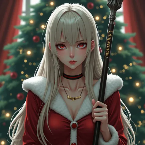  woman with long hair and bangs the color of hair is ash blonde. the skin color is similar to the skin color of the vampire wearing a necklace with the name "silvanna" written on it and wearing a santa claus school girl suit and a chrismast light and chris...