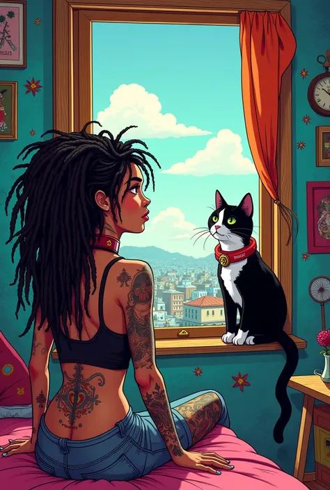 Scene of a favela room with a black and white cat with a Vasco collar. A tattooed, dreadlocked LGBT woman looking out this window. I want this image in a more cartoonish drawing format.