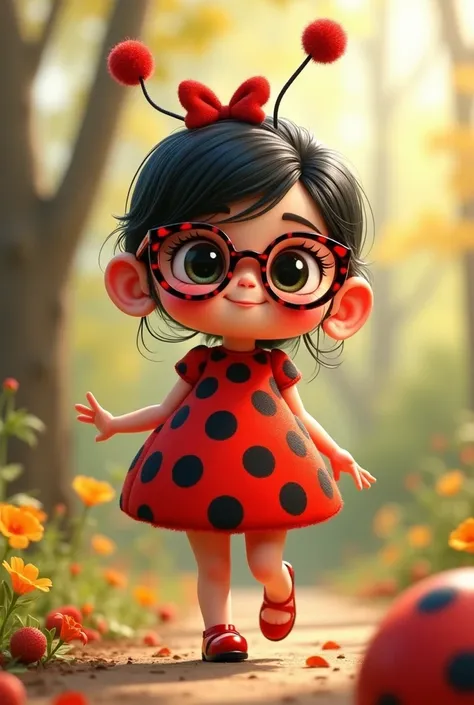 Lila has a small, round body with bright red and black spots dress, resembling a ladybug. She wears a cute, colorful dress with a pattern that mimics a ladybug spots. Her legs are tiny but agile, and she has delicate antennae that move expressively. She al...