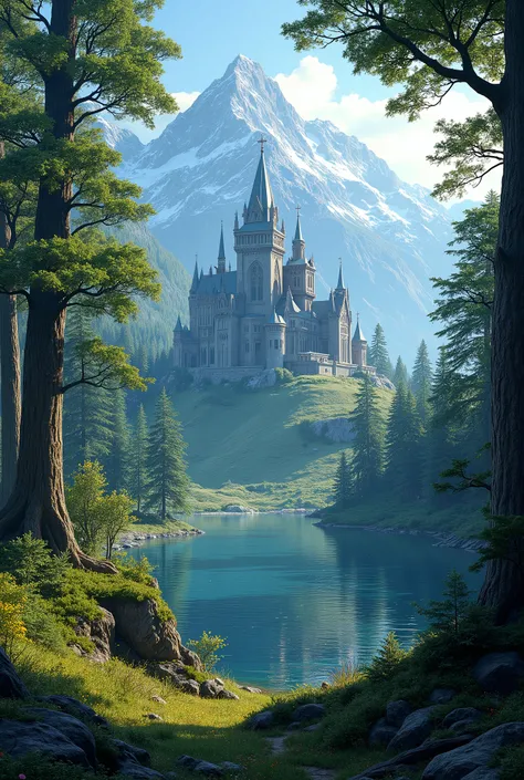 a beautiful detailed fantasy landscape, a serene forest with lush green trees, a tranquil lake reflecting the sky, majestic mountains in the background, a mystical castle on a hill, intricate architecture with gothic elements, dramatic lighting creating a ...