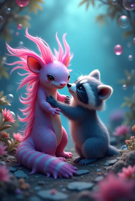 An axolotl and a raccoon