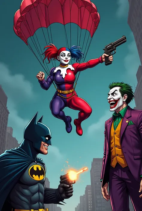 Harley Quinn cartoon parachuting with a horror revolver with the Joker with a strange smile and Batman getting shot in the face