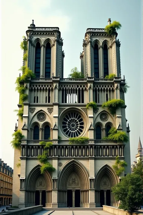 Modify the facade of Notre Dame, in Paris, with elements of organic architecture, giving it a marked character of this current 